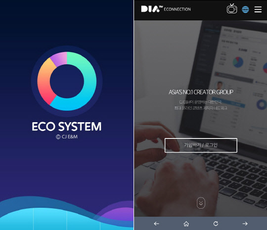 CJ E&M의 1인 창작자 지원 사업 '다이아 티비'의 창작 지원 솔루션 '에코넥션' 모바일 화면 <CJ E&M 제공>